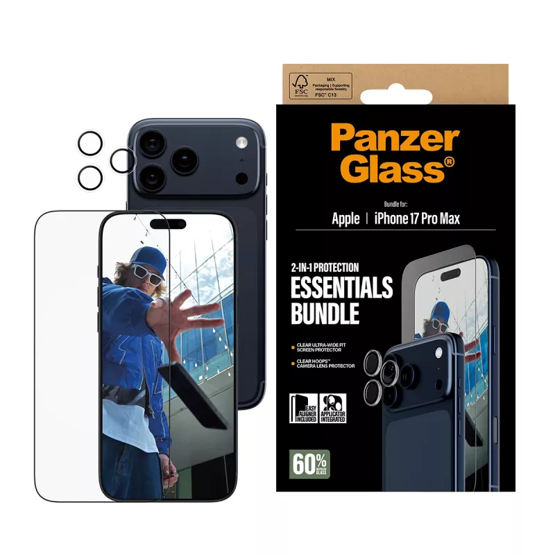 PanzerGlass 2-in-1 Essentials Bundle iPhone 17 Pro Max atsparus įbrėžimams ir smūgiams