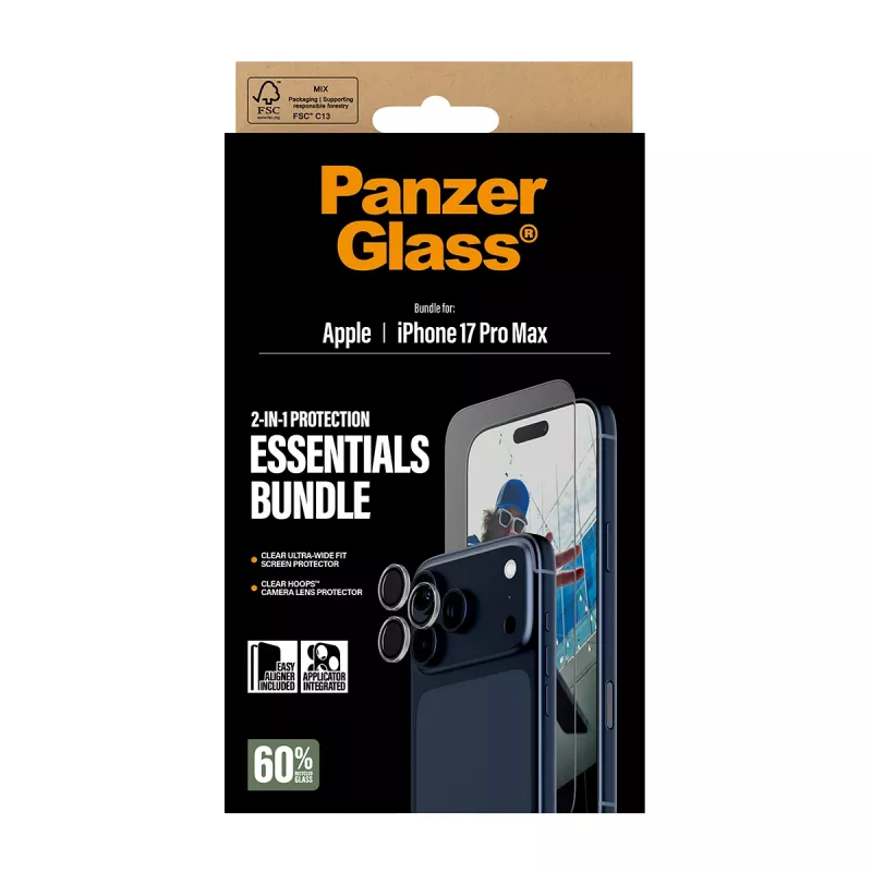 PanzerGlass 2-in-1 Essentials Bundle iPhone 17 Pro Max atsparus įbrėžimams ir smūgiams