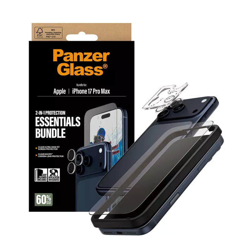 PanzerGlass 2-in-1 Essentials Bundle iPhone 17 Pro Max atsparus įbrėžimams ir smūgiams