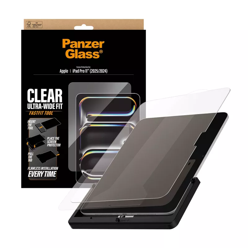 Grūdinto stiklo ekrano apsauga, skirta iPad Pro 11 col. (2024–2025 m.), PanzerGlass — itin plati pritaikymo sritis, FastFit įrankis