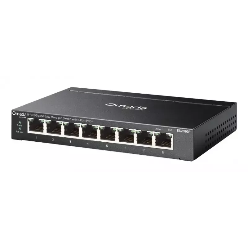 TP-Link Omada ES208GP tinklo komutatorius valdomas L2 Gigabit Ethernet (10/100/1000) Maitinimas per eternetą (PoE) DIN bėgelis juoda