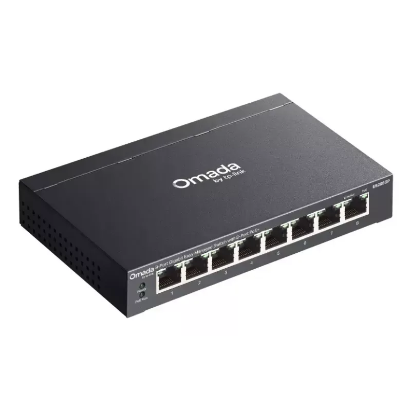 TP-Link Omada ES208GP tinklo komutatorius valdomas L2 Gigabit Ethernet (10/100/1000) Maitinimas per eternetą (PoE) DIN bėgelis juoda