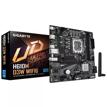 GIGABYTE H610M D3W WIFI6 pagrindinė plokštė – palaiko 14-os kartos Intel Core procesorius, 5+1+1 fazių VRM, iki 5600MHz DDR4, 1xPCIe 3.0 M.2, Wi-Fi 6, 1GbE LAN, USB 3.2 Gen 1