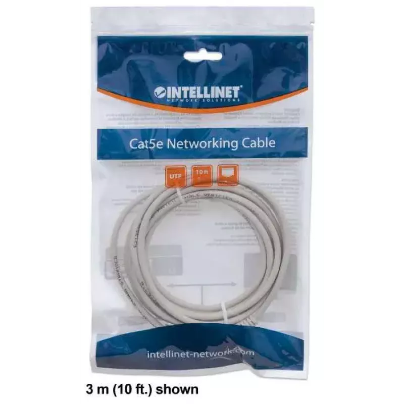 Intellinet tinklo kabelis, Cat6, 3 m, pilkas, CCA, U/UTP, PVC, RJ45, auksuoti kontaktai, nesikabinantis, su apsaugine mova, garantija visam laikui