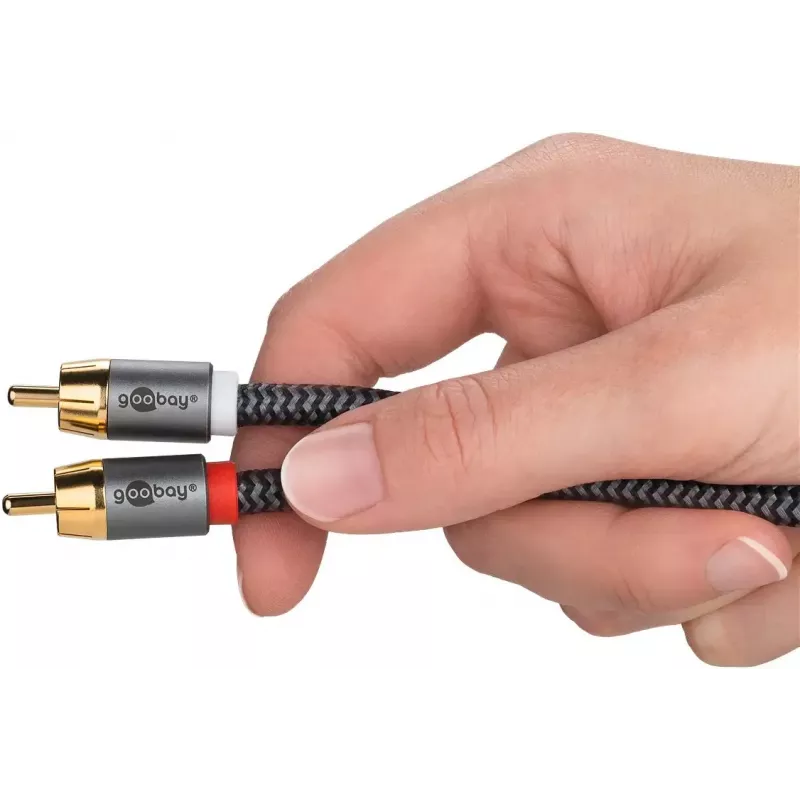 Garso kabelis WENTRONIC Goobay 65301 — 3 m, 2×RCA į RCA, variniai laidininkai, auksuoti kontaktai, magnetinis ekranavimas