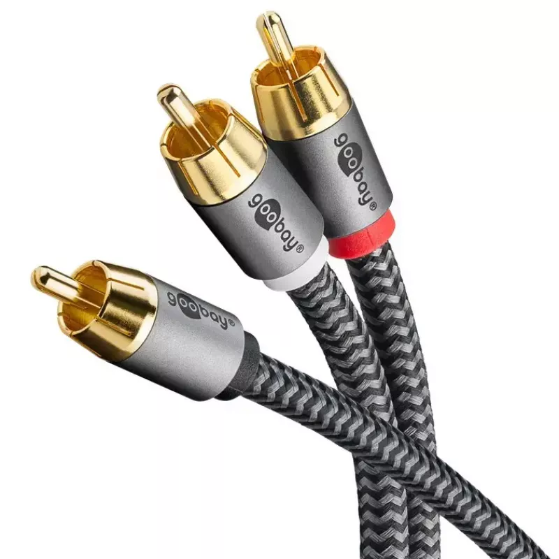 Garso kabelis WENTRONIC Goobay 65301 — 3 m, 2×RCA į RCA, variniai laidininkai, auksuoti kontaktai, magnetinis ekranavimas
