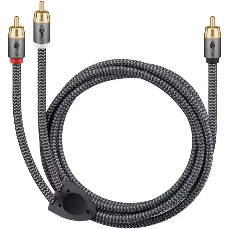 RCA garso kabelis WENTRONIC Goobay 65302 — 2xRCA į RCA, 5 m, varis, paauksuoti kontaktai, magnetiškai ekranuotas