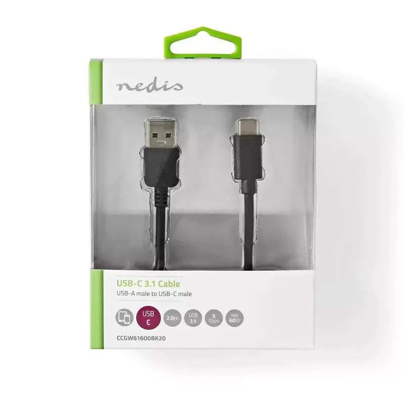 USB kabelis Nedis CCGW61600BK20 2m USB 3.2 Gen 1 USB A USB C juodas