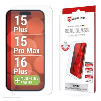 Displex ekrano apsauginis stiklas (10H), skirtas Apple iPhone 15 Plus/15 Pro Max/16 Plus, su EASY-ON® Eco montavimo rėmeliu, atsparus įbrėžimams