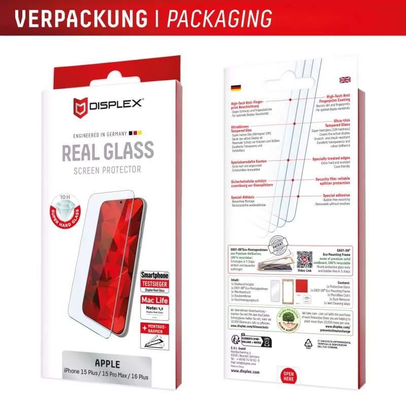 Displex ekrano apsauginis stiklas (10H), skirtas Apple iPhone 15 Plus/15 Pro Max/16 Plus, su EASY-ON® Eco montavimo rėmeliu, atsparus įbrėžimams