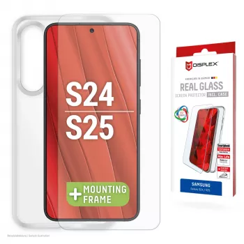 Displex ekrano apsauginis stiklas + dėklas, skirtas Samsung Galaxy S24/S25, Eco montavimo rėmelis, atsparus įbrėžimams