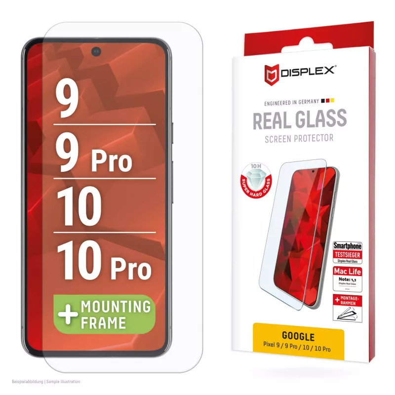 Displex ekrano apsauginis stiklas (10H), skirtas Google Pixel 9, Pixel 9 Pro, Pixel 10, Pixel 10 Pro, su EASY-ON® Eco montavimo rėmeliu, atsparus įbrėžimams