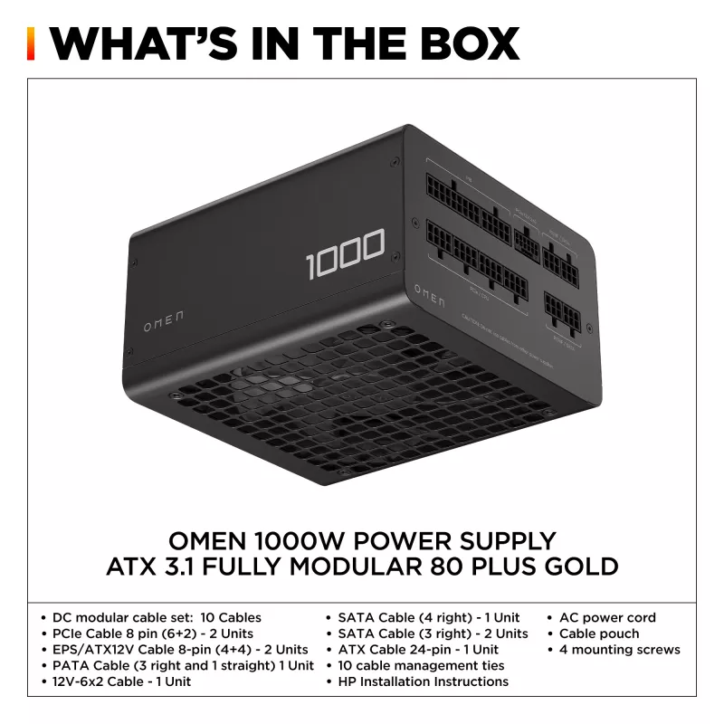 HP OMEN 1000 W maitinimo blokas – ATX 3.1, visiškai modulinis, 80 Plus Gold, juodas