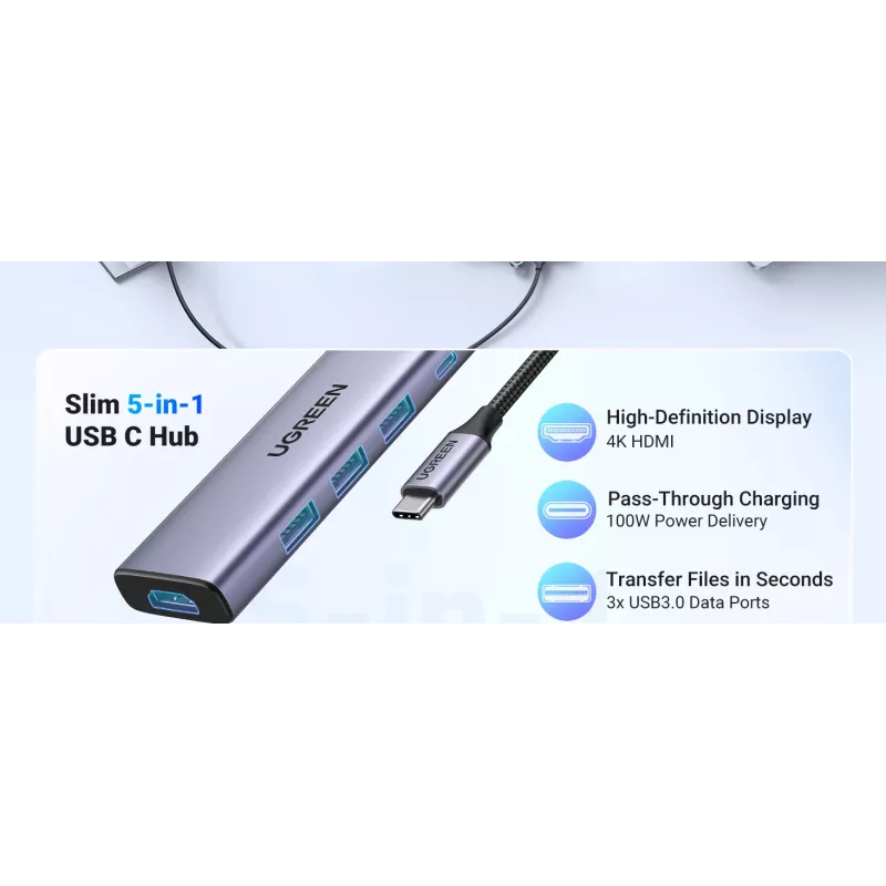 USB Type-C šakotuvas UGREEN 20956A su HDMI ir USB 3.0, 5 Gbps, 4K 3840x2160, sidabrinis