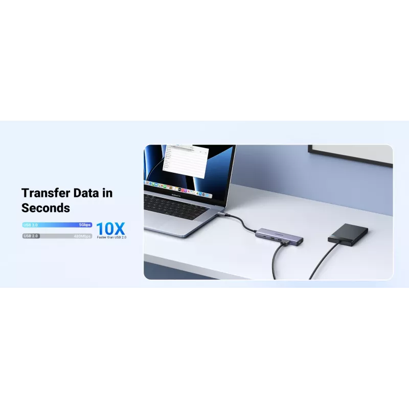 USB Type-C šakotuvas UGREEN 20956A su HDMI ir USB 3.0, 5 Gbps, 4K 3840x2160, sidabrinis