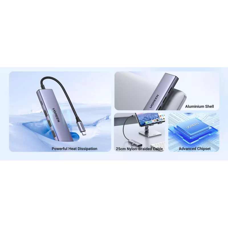 USB Type-C šakotuvas UGREEN 20956A su HDMI ir USB 3.0, 5 Gbps, 4K 3840x2160, sidabrinis