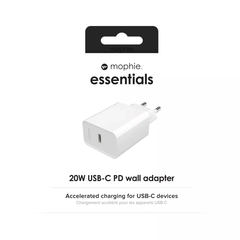 mophie essentials 20W USB-C PD sieninis adapteris universalus baltas kintamoji srovė greitas įkrovimas vidaus