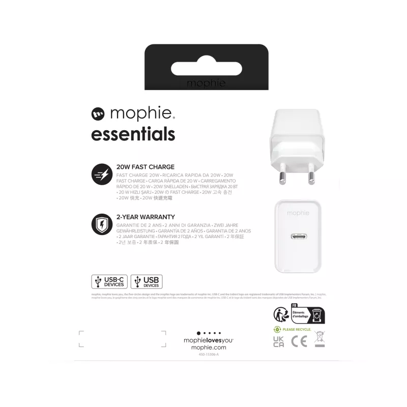 mophie essentials 20W USB-C PD sieninis adapteris universalus baltas kintamoji srovė greitas įkrovimas vidaus