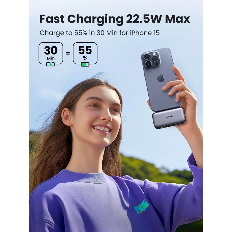 Išorinė baterija UGREEN 35338, 5000 mAh, pilka, nešiojama baterija išmaniajam telefonui, vieno įrenginio išvestis