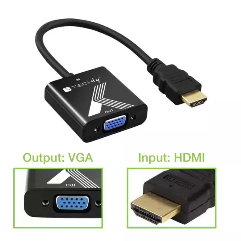 Techly kabelio adapteris keitiklis HDMI į VGA juodas 0,1 m 1920x1200 60 Hz