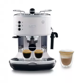 Espreso aparatas De’Longhi ECO 311.W — rankinis 15 barų, 1,4 l vandens bakelis, 2 puodeliai, šildymas, stalviršinis