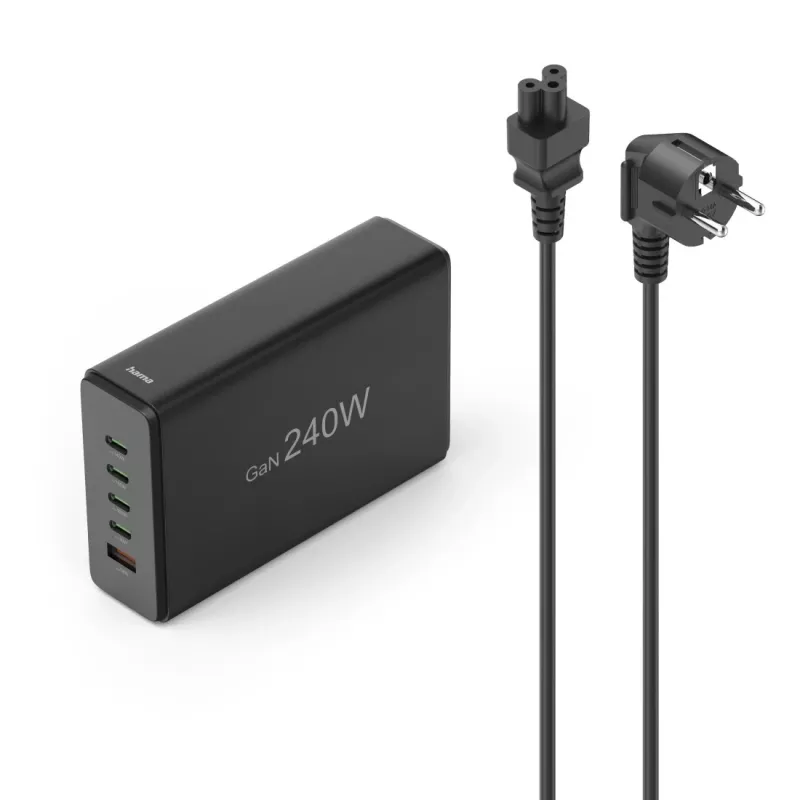 Įkrovimo stotelė HAMA 201977, bendra galia 240 W, 4× USB-C, 1× USB-A, juoda