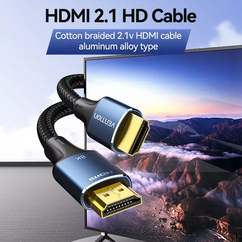 HDMI laidas Vention 8K 48 Gbps HDMI 2.1 medvilniniu apvalkalu patinas-patinas 1 m mėlynas aliuminis