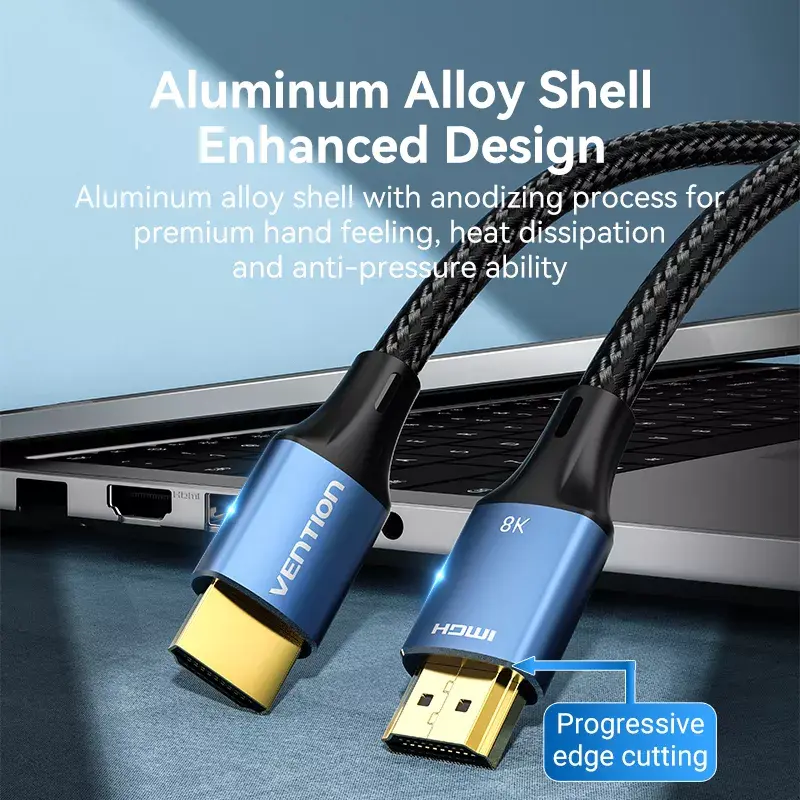 HDMI laidas Vention 8K 48 Gbps HDMI 2.1 medvilniniu apvalkalu patinas-patinas 1 m mėlynas aliuminis
