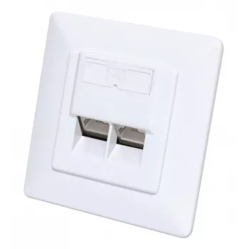 Intellinet 2 prievadų Cat6 10G ekranuota RJ45 sieninė rozetė, įleidžiamam montavimui, su priekine plokšte, STP, signalinė balta RAL9003