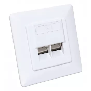 Intellinet 2 prievadų Cat6 10G ekranuota RJ45 sieninė rozetė, įleidžiamam montavimui, su priekine plokšte, STP, signalinė balta RAL9003