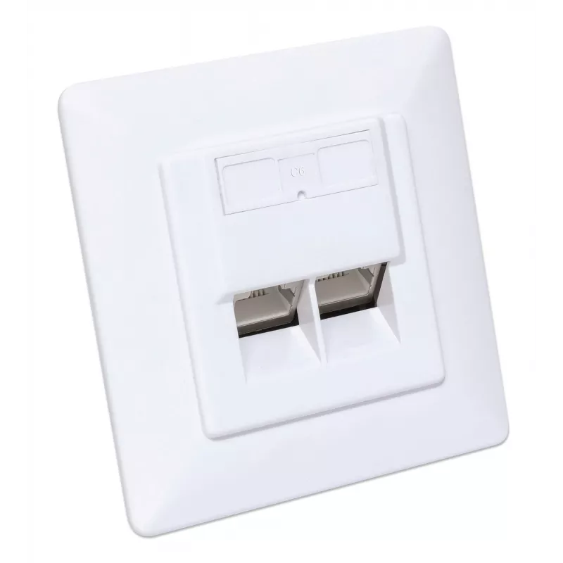 Intellinet 2 prievadų Cat6 10G ekranuota RJ45 sieninė rozetė, įleidžiamam montavimui, su priekine plokšte, STP, signalinė balta RAL9003