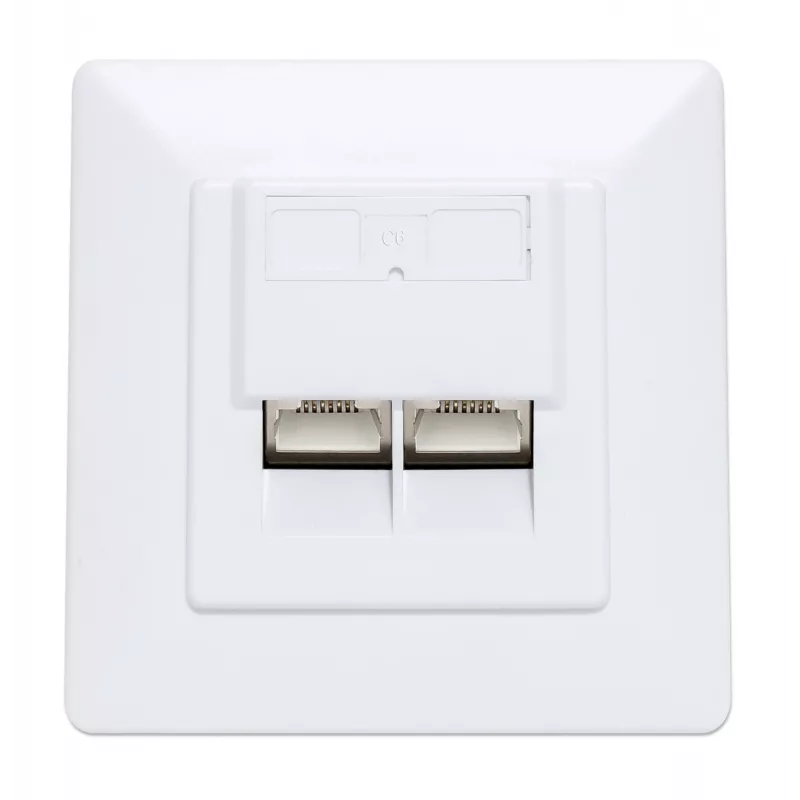 Intellinet 2 prievadų Cat6 10G ekranuota RJ45 sieninė rozetė, įleidžiamam montavimui, su priekine plokšte, STP, signalinė balta RAL9003