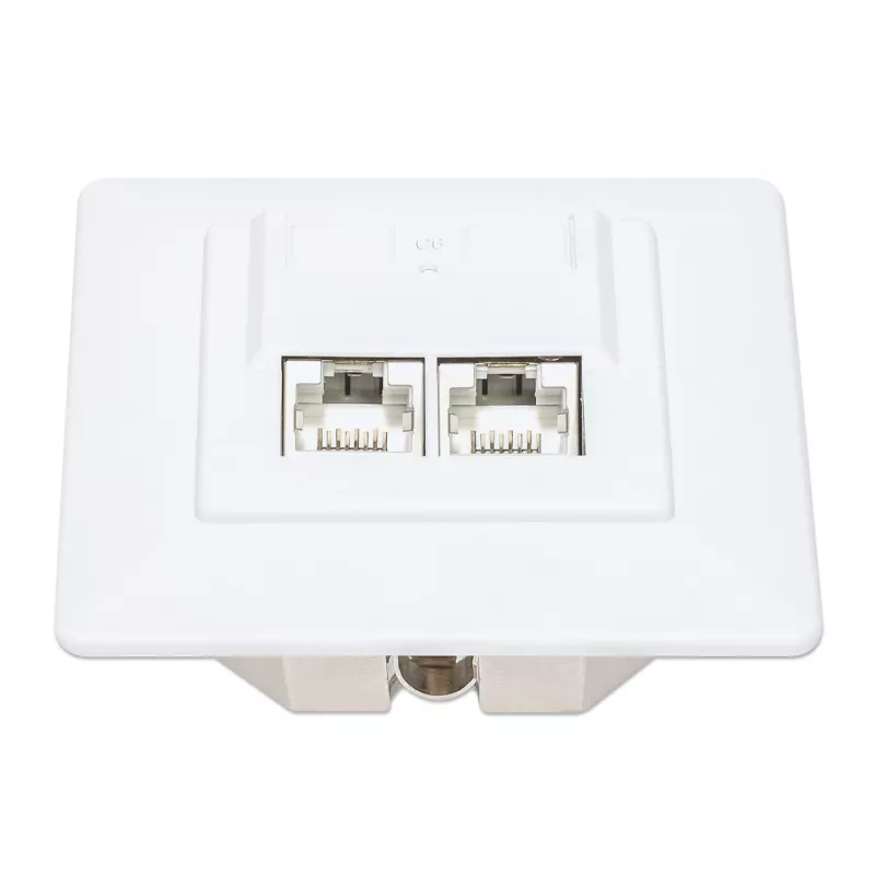 Intellinet 2 prievadų Cat6 10G ekranuota RJ45 sieninė rozetė, įleidžiamam montavimui, su priekine plokšte, STP, signalinė balta RAL9003