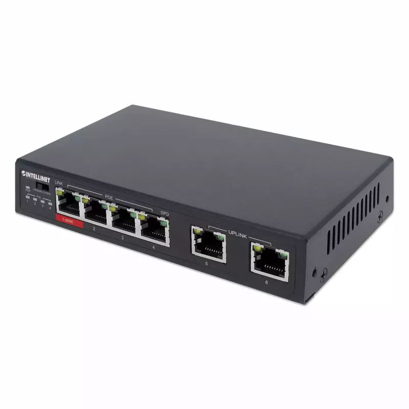 Intellinet 6 prievadų spartusis eterneto komutatorius su 4 PoE prievadais, 65 W galios biudžetas