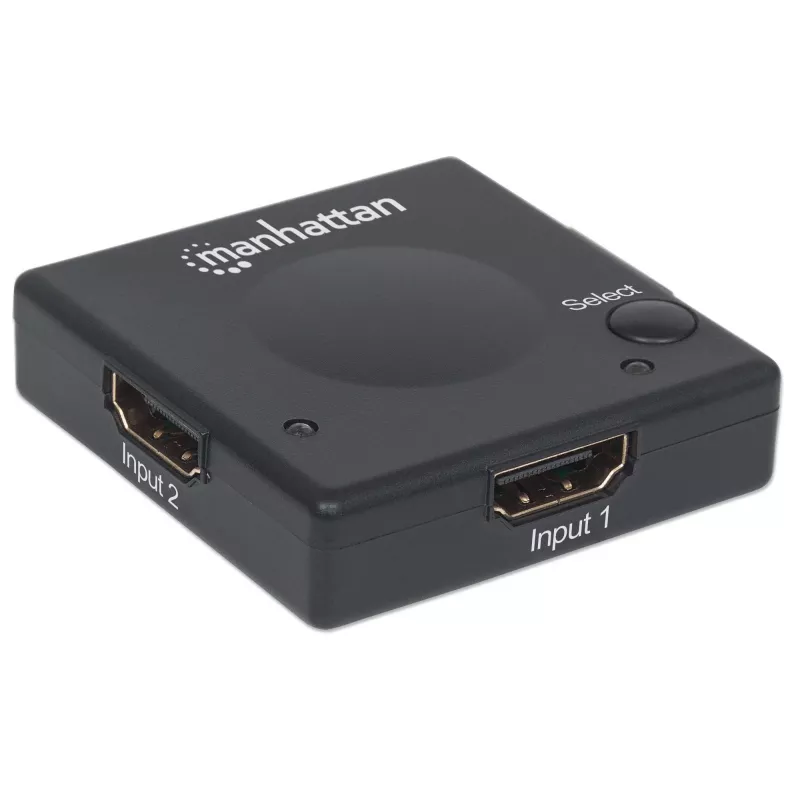 Manhattan HDMI jungiklis, 2 prievadų, 1080p, jungia 2 HDMI šaltinius prie 1 ekrano, automatinis ir rankinis perjungimas (mygtuku), nereikalauja išorinio maitinimo, juodas, trejų metų garantija