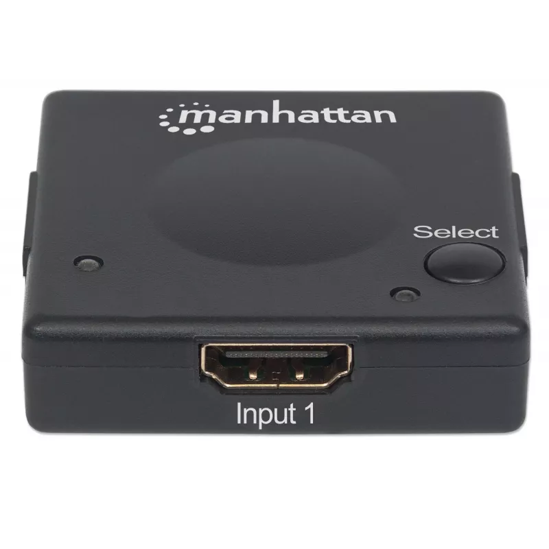 Manhattan HDMI jungiklis, 2 prievadų, 1080p, jungia 2 HDMI šaltinius prie 1 ekrano, automatinis ir rankinis perjungimas (mygtuku), nereikalauja išorinio maitinimo, juodas, trejų metų garantija