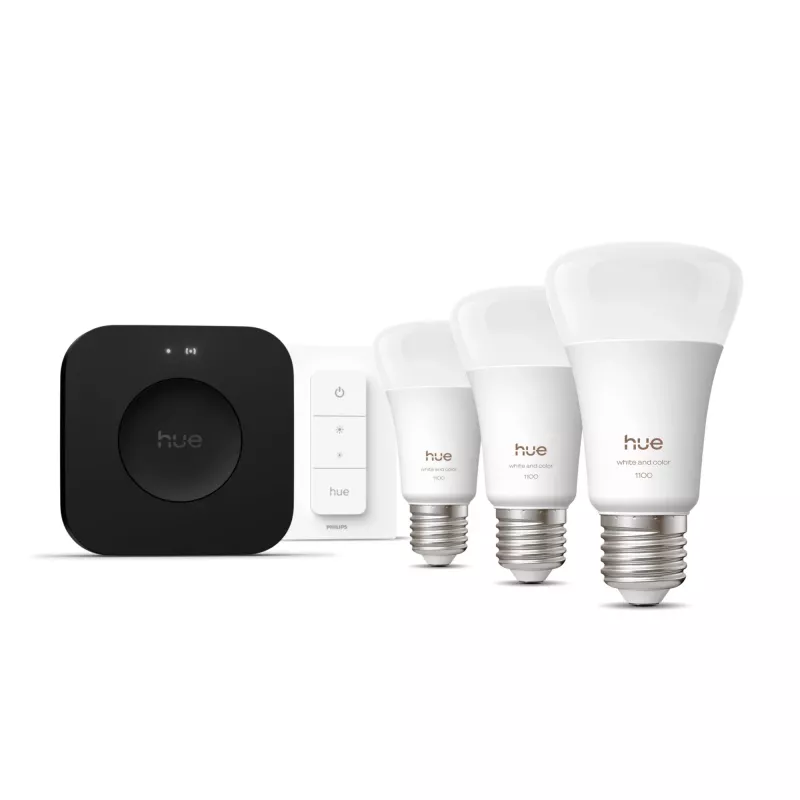 Išmanusis apšvietimo rinkinys Philips Hue White and Colour Ambience pradinis rinkinys — 3 E27 išmaniosios lemputės, reguliatorius, Bridge Pro, Bluetooth/Zigbee