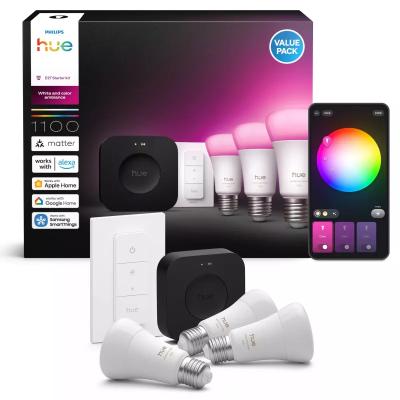 Išmanusis apšvietimo rinkinys Philips Hue White and Colour Ambience pradinis rinkinys — 3 E27 išmaniosios lemputės, reguliatorius, Bridge Pro, Bluetooth/Zigbee