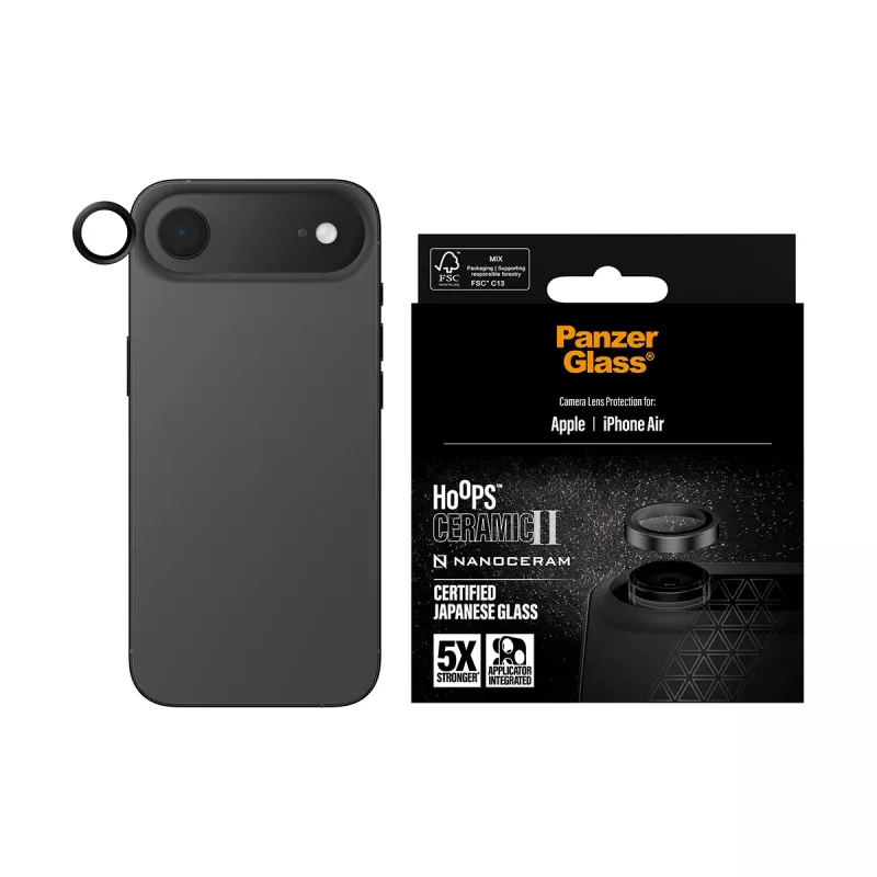 PanzerGlass Hoops Ceramic II kameros lęšių apsauga, skirta iPhone Air, juoda, atspari įbrėžimams ir smūgiams