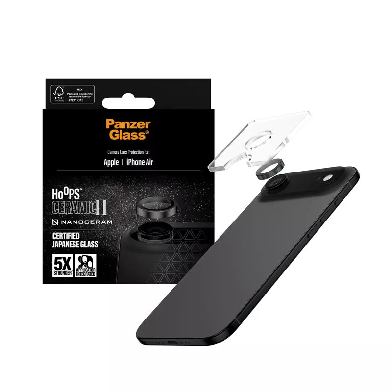 PanzerGlass Hoops Ceramic II kameros lęšių apsauga, skirta iPhone Air, juoda, atspari įbrėžimams ir smūgiams