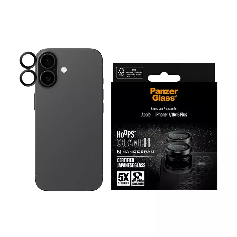 Fotoaparato objektyvo apsauga PanzerGlass Hoops Ceramic II, skirta iPhone 17 16 16 Plus, atspari įbrėžimams ir smūgiams