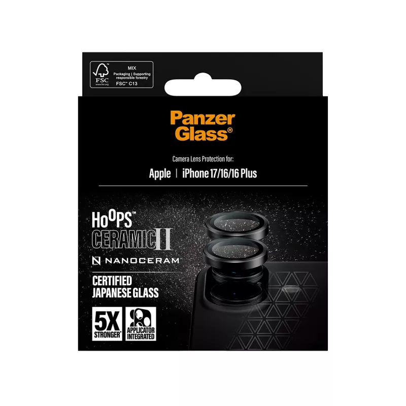 Fotoaparato objektyvo apsauga PanzerGlass Hoops Ceramic II, skirta iPhone 17 16 16 Plus, atspari įbrėžimams ir smūgiams