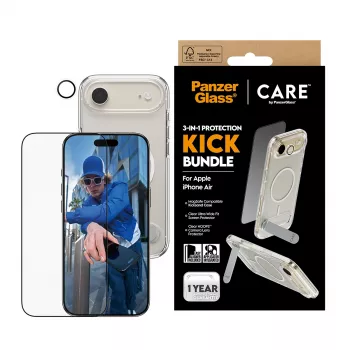 Apsauginis ekrano rinkinys PanzerGlass CARE 3-in-1 Feature Kick, skirtas iPhone Air – grūdintas stiklas, PET, silikonas, skaidrus
