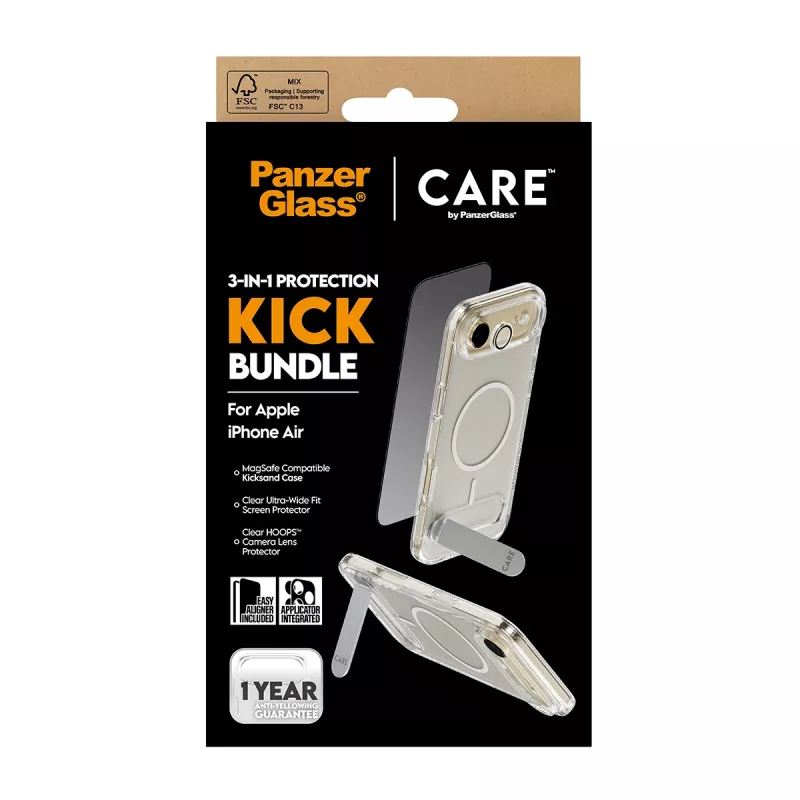 Apsauginis ekrano rinkinys PanzerGlass CARE 3-in-1 Feature Kick, skirtas iPhone Air – grūdintas stiklas, PET, silikonas, skaidrus