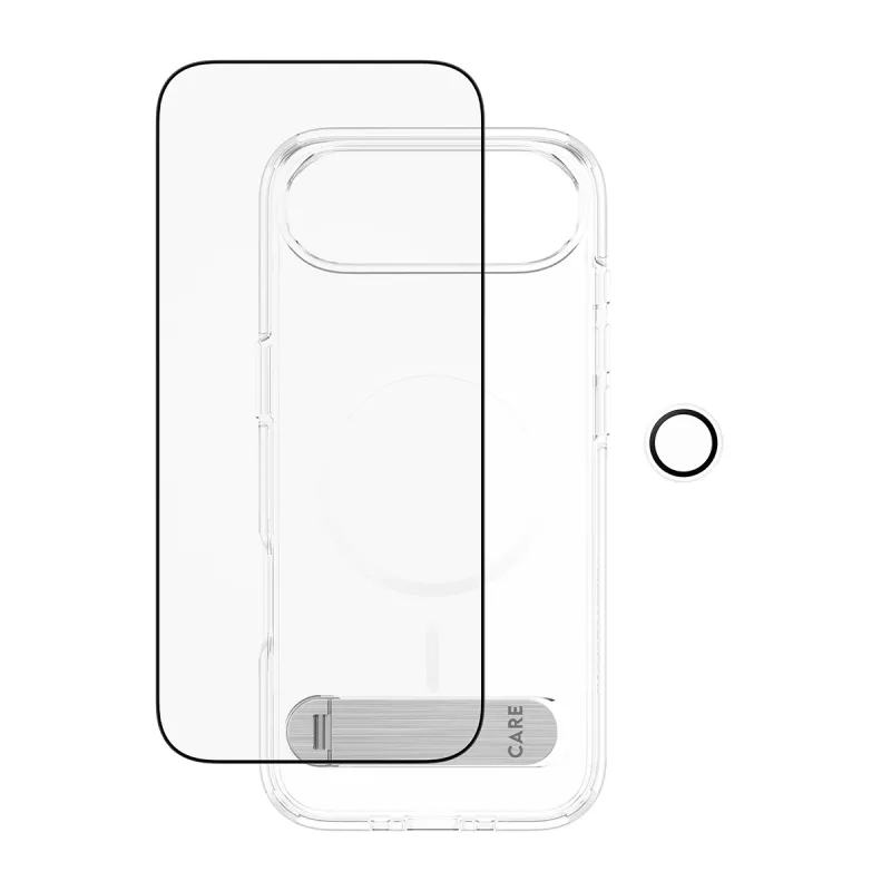 Apsauginis ekrano rinkinys PanzerGlass CARE 3-in-1 Feature Kick, skirtas iPhone Air – grūdintas stiklas, PET, silikonas, skaidrus