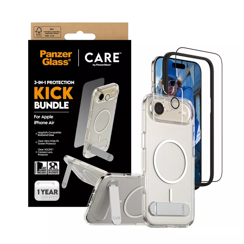 Apsauginis ekrano rinkinys PanzerGlass CARE 3-in-1 Feature Kick, skirtas iPhone Air – grūdintas stiklas, PET, silikonas, skaidrus