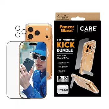 Apsauginis dėklas PanzerGlass CARE Feature Kick 3w1 iPhone 17 Pro su stikliniu objektyvo dangteliu