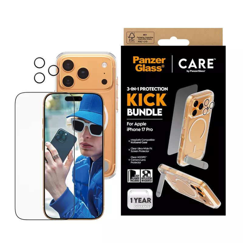 Apsauginis dėklas PanzerGlass CARE Feature Kick 3w1 iPhone 17 Pro su stikliniu objektyvo dangteliu