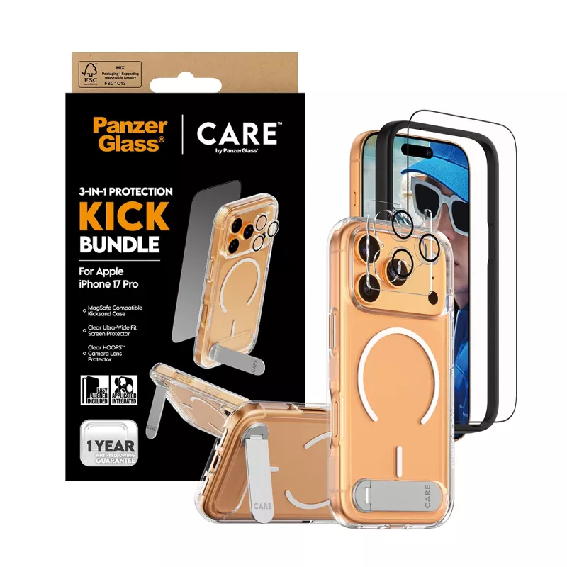 Apsauginis dėklas PanzerGlass CARE Feature Kick 3w1 iPhone 17 Pro su stikliniu objektyvo dangteliu