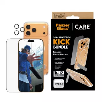 Ekrano apsaugos ir dėklo rinkinys PanzerGlass CARE 3-in-1 Feature Kick, skirtas iPhone 17 Pro Max — grūdintas stiklas, PET, silikonas, permatomas